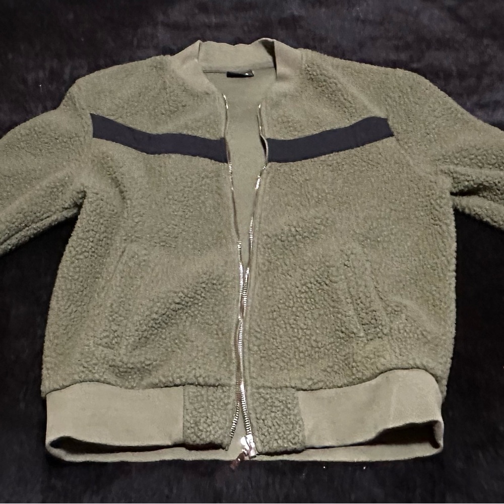 Olive Green Sherpa Jacket with Black Stripe